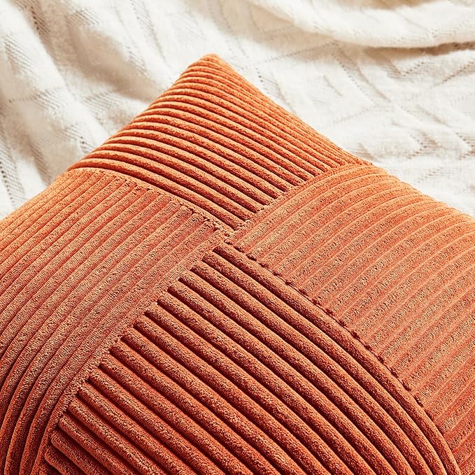 Fancy Homi Set of 2 Burnt Orange Decorative Throw Pillow Covers 16x16 Inch for Living Room Couch Bed, Boho Farmhouse Fall Home Decor, Soft Corss Corduroy Patchwork Textured Cushion Case 40x40 cm