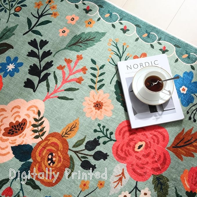 Door Mat Indoor Entrance 2x3 Rug Machine Washable Boho Floral Small Area Rug Non-Slip Low Pile Throw Rugs for Entryway, Kitchen, Front Door Indoor Entrance, Entry, Kids Room (Green)