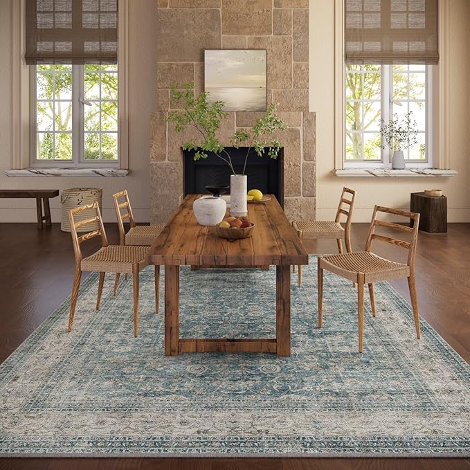 10x12 Large Rugs for Living Room: Washable Living Room Rug Stain Resistant Non Slip Distressed Vintage Carpet Low Pile Faux Wool Soft Rugs for Bedroom Farmhouse Dining Room Kids Playroom Nursery