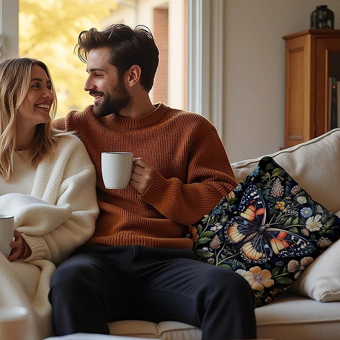 William Morris Inspired Butterfly Pillow Covers 18x18 Set of 2, Butterfly Room Decor, Dark Cottagecore Floral Botanical Moth Decorative Throw Pillow Covers for Home Bedroom Living Room