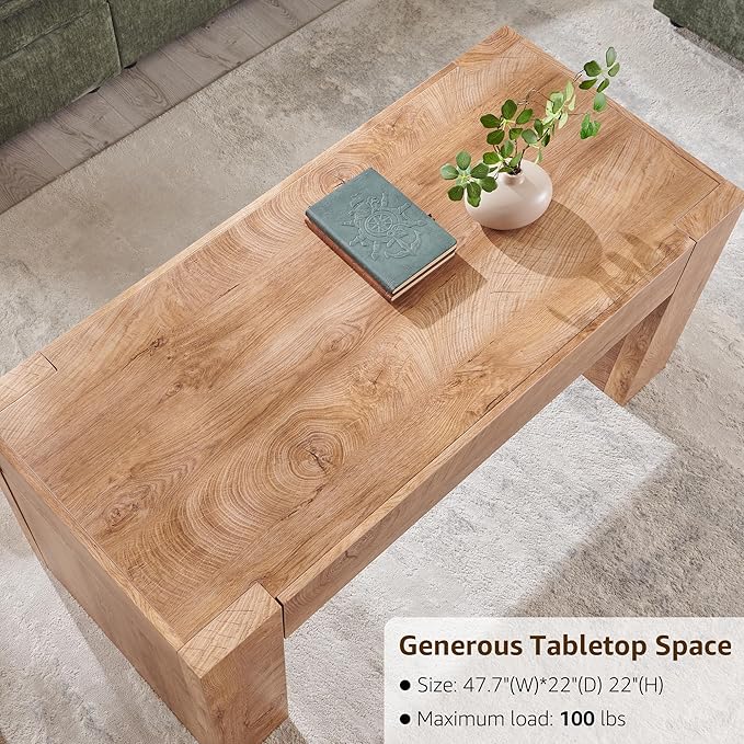 OKD 48" Modern Farmhouse Coffee Table, Wooden Living Room Table with Hidden Storage Drawer, Rustic Rectangular Center Tables w/Wood Thick Design for Living Room, Office, Light Knotty Wood