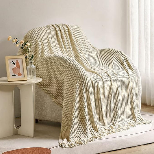 Blagic Knitted Throw Blanket for Couch,Soft Farmhouse Throw Blanket with Tassels,Home Decorative Lightweight Throw Blankets,Camel Throws for Bed/Chair/Sofa, 50" W x 60" L