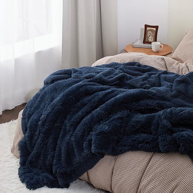Bedsure GentleSoft Fluffy Navy Blue King Size Blanket for Bed, Thick Soft Sherpa Faux Fur Fleece Bedding Fuzzy Plush Winter Warm Heavy Large King Blanket, Cozy Blue Gifts for Men Women, 108x90