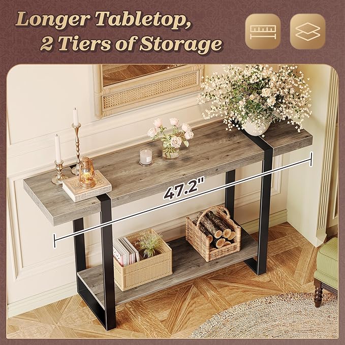 Huuger 47.2 Inch Entryway Table, 2-Tier Industrial Console Sofa Table with Storage, Accent Table, for Entry, Hallway, Entrance, Foyer, T-Shaped Metal Frame, Grey