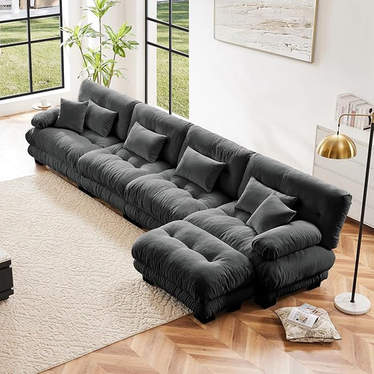 Modern L-Shaped Couch, 4-Seater Cloud Couch, Oversized Loveseat Sectional Sofa, Chenille Fabric, Grey