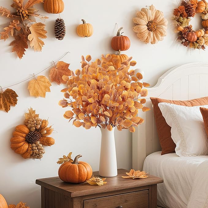 6 Pcs 36" Artificial Eucalyptus Fall Leaves, Long Fake Eucalyptus Leaves Stems Plants Fall Decorations for Indoor Home Office Party Autumn Decor