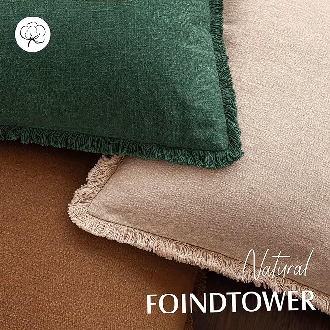 Foindtower Decorative Linen Fringe Throw Pillow Covers Cozy Boho Farmhouse Cushion Cover with Tassels Soft Accent Pillowcase for Chair Sofa Bed Living Room Home Decor, 26×26 Inch,1PC,Pine Green