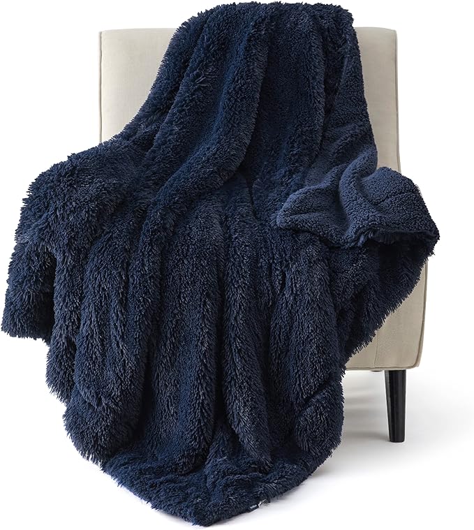 Bedsure GentleSoft Fuzzy Faux Fur Twin Blanket, Navy Blue Cozy Gifts for Men, Soft Sherpa Fleece Plush Warm Minky Thick Blanket Twin Size for Bed, Navy Dorm Decor Blue Gifts for Boys, 60x80