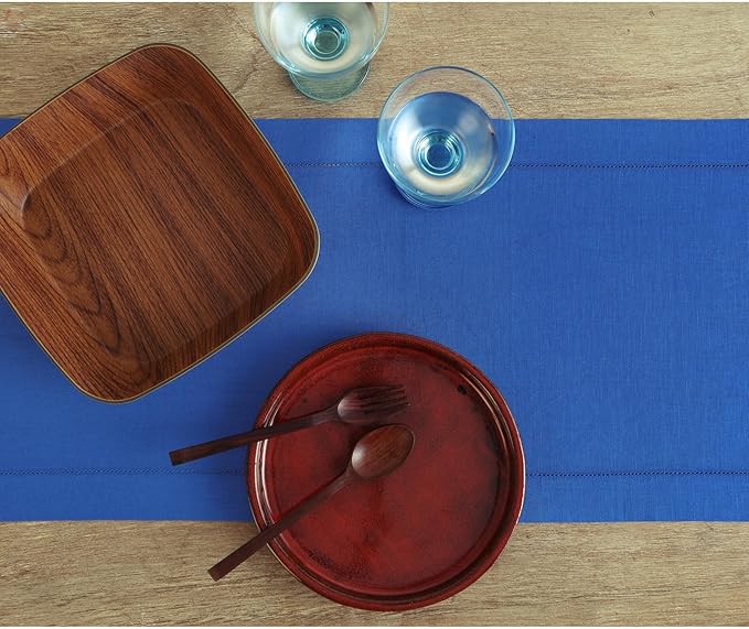 Solino Home Linen Royal Blue Table Runner 90 Inches Long - 100% Pure Linen 14 x 90 Inch Table Runner - Classic Hemstitch