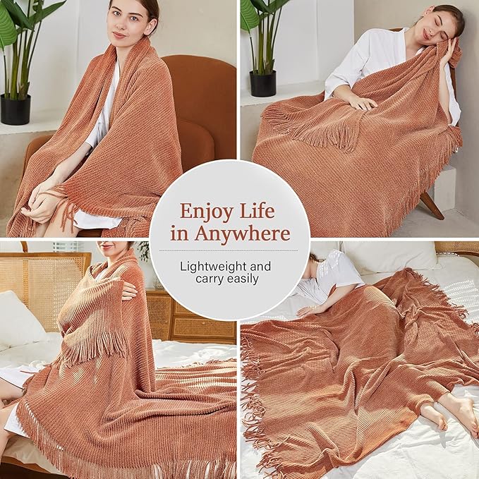 Blagic Knitted Throw Blanket for Couch Soft Farmhouse Boho Throw Blanket with Tassels Home Decorative Lightweight Throw Blankets,Maple Brown Throws for Bed/Chair/Sofa, Stripe Textured,50" W x 60" L