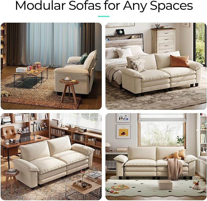 LINSY HOME Sectional Loveseat Sofa - 90'' Oversized Corduroy Cloud Couch Soft Modern Comfy Green Loveseat Couch Deep Seat Couches for Living Room Bedroom Apartment Office, Beige
