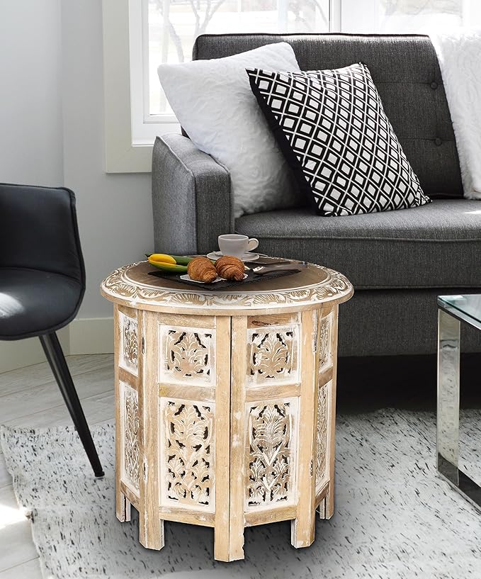 Lightnpro Hand Carved Solid Mango Wood Octagonal Accent Table - 18"×18" White Wash Farmhouse Vintage Home Décor Round End Table for Living Room, Bedroom, Entryway - Rustic Boho Side Table