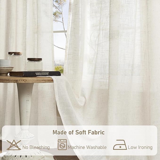 LAMIT Short Linen Curtains 40 Inch for Kitchen Windows Over Sink, Semi Sheer Light Filtering Neutral Curtains Bronze Grommet Panels for Bathroom/Windows, Cream Ivory, 2 Panels, 34 x 40 Inch