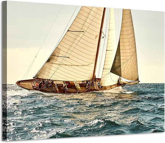 ARTISTIC PATH Coastal Nautical Canvas Wall Art - Ocean Sailboat Artwork Seascape Sailing Prints Wave Boat Picture Sunset Marine Painting for Living Room