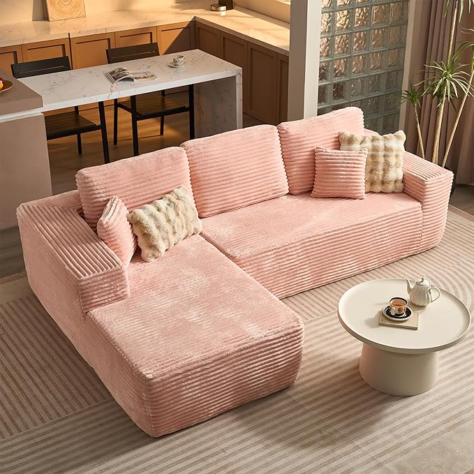 ovios 104" Cloud Sectional Couch with L-Shape Chaise,Modern Modular Sofa with Deep Seat, Upholstered Couches for Living Room Bedroom,No Assembly Required, Pink (Plush Corduroy Fabric)