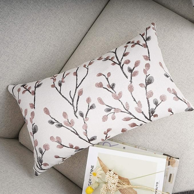 YOUR SMILE Classical Embroidery Jacquard Farmhouse Oblong Rectangle Chenille Red Leaf Decorative Throw Pillow Case,12x20 inch