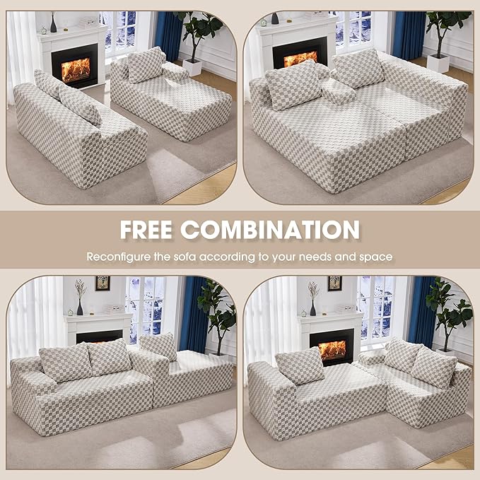 Hobestluk 96“ Modular Sectional Sofa Couches L-Shape Couch 3 Seat Modular Sofa Sectional Couches for Living Room, Cloud Couch with Oversized Chaise (Greygreen, Checked (Right Facing Chaise))