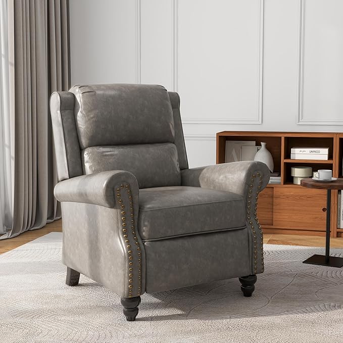 UIXE Pushback Recliner Chair, Faux Leather Armchair Push Back Accent Chair, Rivet Trim Club Chair Home Theater Overstuffed Single Sofa Reading Seat for Living Room, Gray