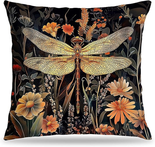 William Morris Inspired Christmas Dragonfly Decor Pillow Covers 18x18,Dragonfly Gifts for Women,Moody Dark Cottagecore Wildflowers Floral Throw Pillow Covers for Home, Cottagecore Floral Decor