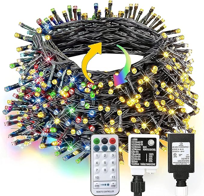 Dazzle Bright 100FT 300 LED Color Changing Christmas Lights, 2 in 1 Warm White & Multi Waterproof Christmas String Lights with Remote 11 Functions Christmas Decorations for Indoor Outdoor