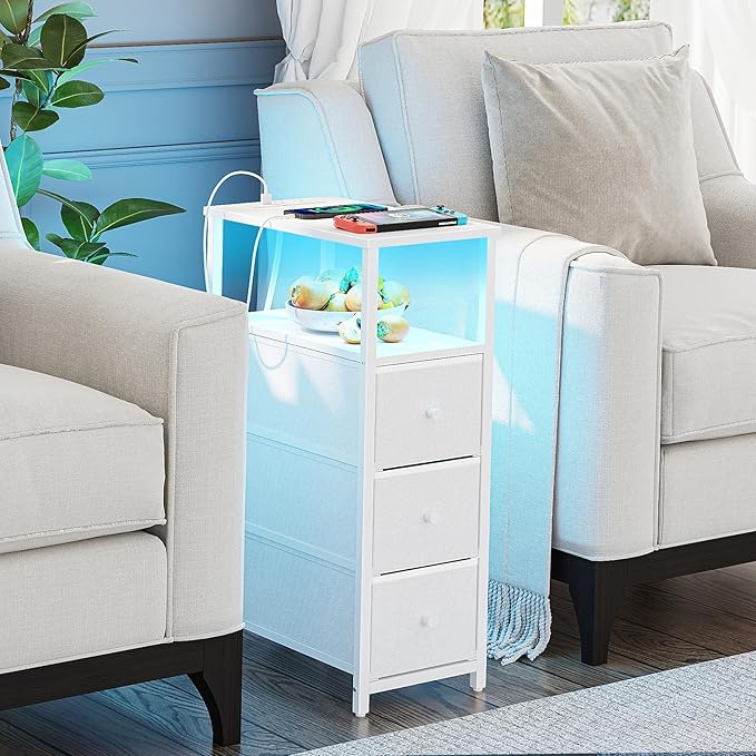 TUTOTAK Narrow LED Night Stand with Charging Station, Slim End Table with Plugins, Tall Side Table with 3 Fabric Drawer, Small Bedside Table with Storage, for Living Room, White TB01BW086L