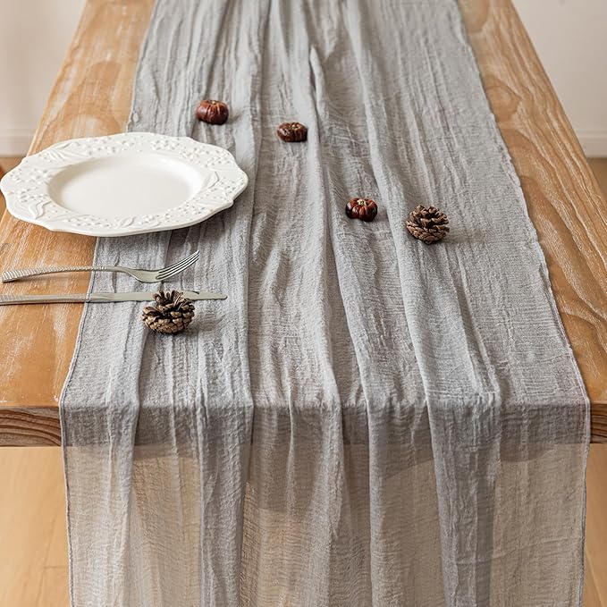 Grey Gauze Rustic Cheesecloth Table Runner 120 Inch 10 FT for Wedding Baby Shower Bridal Shower Birthday Engagement Garden Outdoor Party Long Sheer Boho Decorations