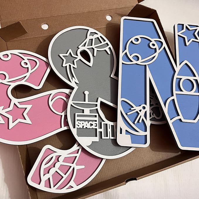 Name Sign For Nursery, Boho Nursery Sign, Family Name Signs, 3D Wall Art for Children & Kids Rooms, Baby Shower, First birthday gift (Space)