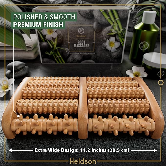 HELDSON® Foot Roller Massager Plantar Fasciitis Pain Relief - Wooden Under Desk Feet Massage - Dual Manual Heel Massagers - Wood Rolling Acupressure Tool with Reflexology Guide - Gift for Men, Women