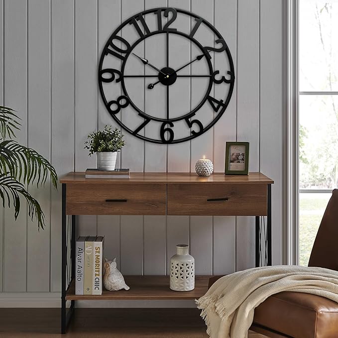 CLXEAST 24 Inch Wall Clocks for Living Room Decor, Black Metal Wall Clock, Arabic Numeral