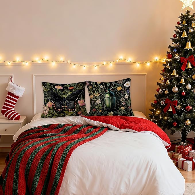 William Morris Inspired Butterfly and Beetle Pillow Covers 18x18 Set of 2, Dark Cottagecore Wildflower Botanical Insect Moth Decorative Throw Pillow Covers for Home Bedroom Living Room