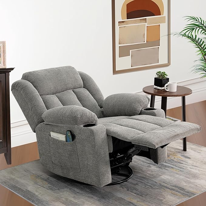 Rocker Swivel Recliner Chair for Adults, Overstuffed Large Manual Recliner Glider with Massage and Heat, Comfy Soft Fabric Living Room Reclining Sofa Chair(Lime Gray)