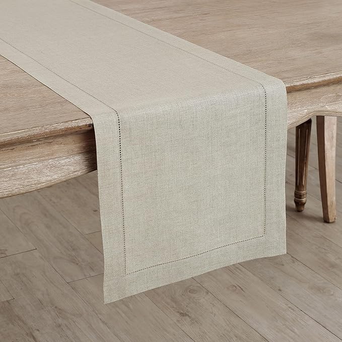 Solino Home Linen Natural Table Runner 60 Inches - Classic Hemstitch, 100% Pure Linen Coffee Table Runner 14 x 60 Inch Ideal for Dresser Tables - Fall, Autumn, Halloween, Thanksgiving