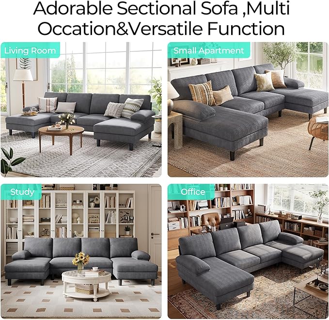LINSY HOME Sectional Couch, 111'' W Corduroy U Shaped Sofa with Sleepable Armrests, 4 Seat Couch with Double Chaises, Deep Sofa for Living Room, Grey