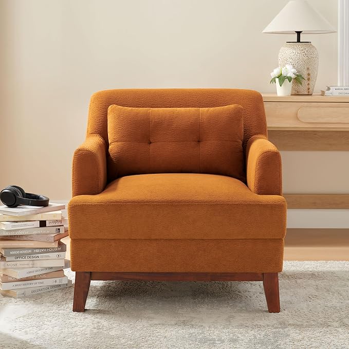 Modern Accent Chair with Terry Fabric, Upholstered Armchair with Spring Package Cushion & Solid Wood Frame, Comfy Lounge Chair for Living Room, Bedroom, or Reading Corner, Terry, Curry