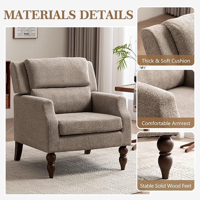 Kidol & Shellder Light Brown Oversized Accent Chair for Living Room Set of 2 Modern Reading Chair with Back Upholstered Comfy Single Sofa Chair for Bedroom Lounge Side Corner Boucle Fabric Armchair