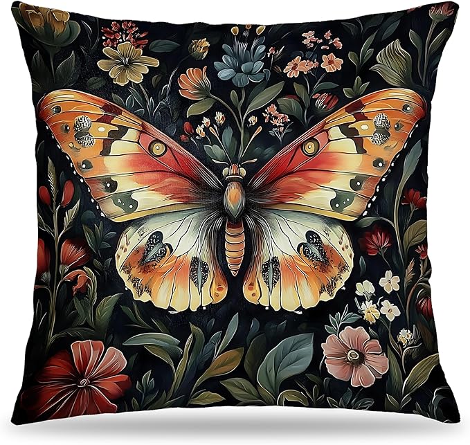 Colorful Floral Butterfly Pillow Covers 18x18, Retro Dark Cottagecore Wildflower Botanical Moth Decorative Throw Pillow Covers for Bedroom Living Room Home, Butterfly Room Decor