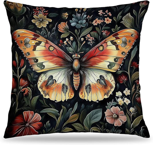 Colorful Floral Butterfly Pillow Covers 18x18, Retro Dark Cottagecore Wildflower Botanical Moth Decorative Throw Pillow Covers for Bedroom Living Room Home, Butterfly Room Decor