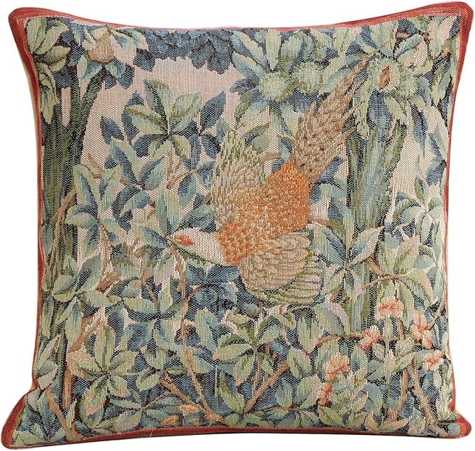 Charlotte Home Furnishings Decorative Tapestry Pillow Cover 14x14 in, Green Pheasant Couch Throw Pillow Cover, French Country Square Cushion Cases for Bed Room Home Decor, Soft Cotton Jacquard Woven