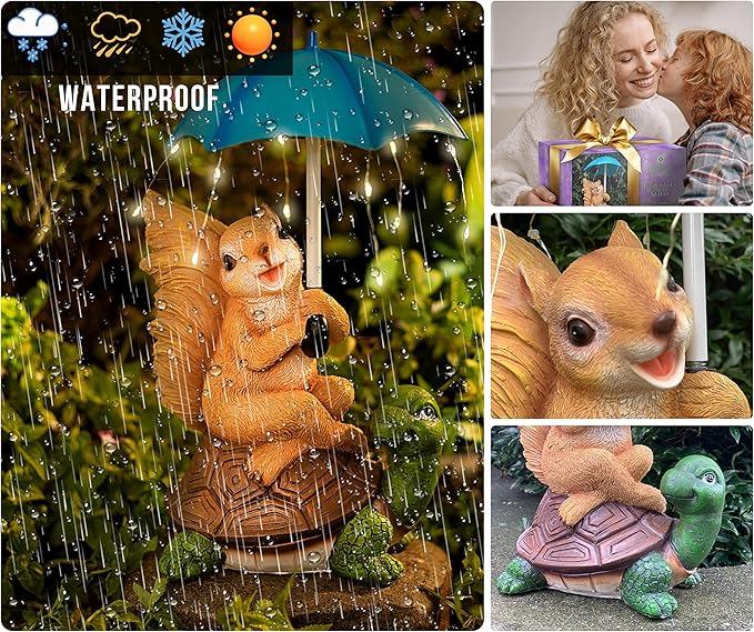 Malister Solar Garden Statue Outdoor Decor - Squirrel Siting on Turtle Statue with String Lights Umbrella for Patio, Garden Decor Garden Art Outdoor Lawn Decor Yard Art, Housewarming Garden Gifts