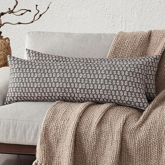 Foindtower Set of 2 Decorative Vintage Long Lumbar Throw Pillow Covers Neutral Modern Farmhouse Cushion Covers Floral Home Decor for Sofa Couch Chair Bedroom Living Room,14×36 Inch,Rustic Gray