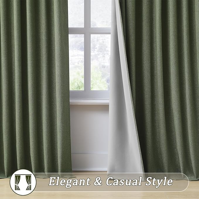 RAIN CITY Extra Wide Linen Blackout Curtains & Drapes with Hooks 70 in Width for 60&72 Inch Window 2 Panels,Back Tab Pleated Curtains for Track System Sliding Glass Door 70x90,Loden Olive Green