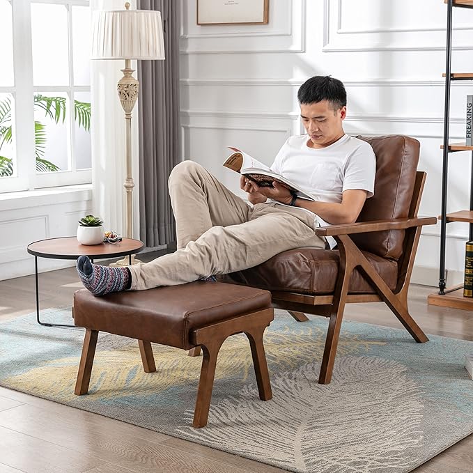 chairus 2 Sets Mid-Century Modern Accent Chairs with Ottoman, Faux Leather Armchair with Wood Legs Comfy Upholstered Single Sofa Chair for Living Room/Bedroom/Lounge, Brown