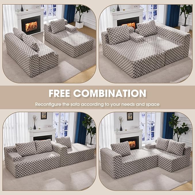 Hobestluk 96“ Modular Sectional Sofa Couches L-Shape Couch 3 Seat Modular Sofa Memory Foam Sectional Couches for Living Room, Cloud Couch with Oversized Chaise (Grey, Checked (Right Facing Chaise))