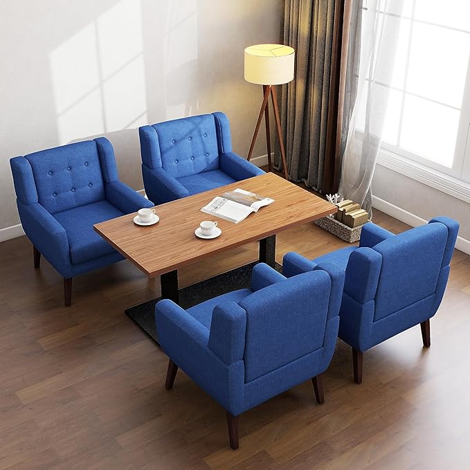 UIXE Accent Chair, Modern Upholstered Armchair in Fabric for Living Room, Comfy Club Arm Chairs Single Sofa Button Tufted Bedroom Reading Seat - Blue, Set of 4