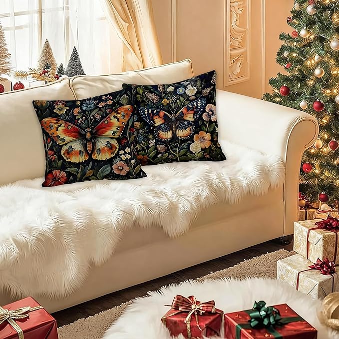 William Morris Inspired Butterfly Pillow Covers 18x18 Set of 2, Butterfly Room Decor, Dark Cottagecore Floral Botanical Moth Decorative Throw Pillow Covers for Home Bedroom Living Room