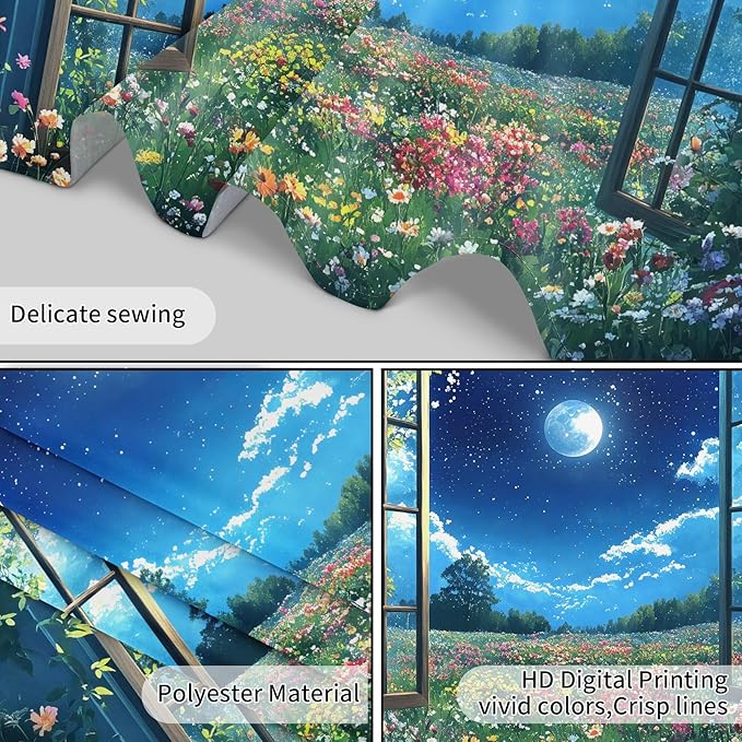 LB Wildflower Moon Tapestry, Window Forest Plant Green Leaf and Garden Colorful Floral Wall Tapestry for Bedroom, Night Sky Wall Art for Living Room Dorm Home Decor Ready to Hanging, 60 x 40 Inches
