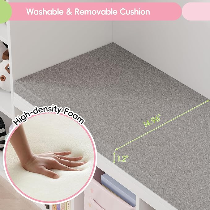 MU Kids Bookshelf with Reading Nook, Toddler Bookcase Bench with Seat Cushion and 7 Storage Cubbies, Kids Reading Nook for Boys & Girls, Toy Storage Bench Box for Bedroom, Playroom, Nursery, White