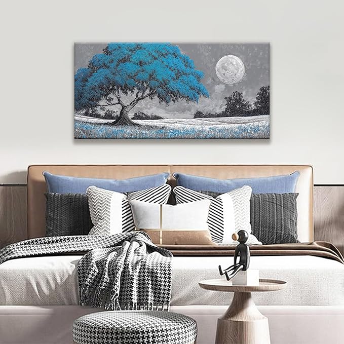 TAIJXAGSG Wall Art For Living Room Blue Tree Moon Canvas Art Wall Decor Artwork Print Painting 20" X 40" Canvas Picture For Bedroom Decor Modern Salon Kitchen Office Hang A Picture