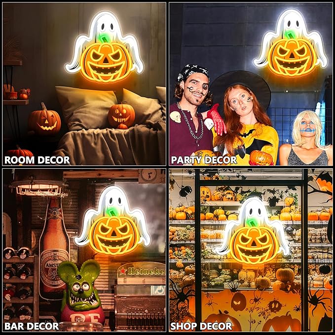 Spooky Glow Halloween Neon Signs for Wall Decor - Ghost & Pumpkin Led Neon Light Up Sign, Glow in Dark Indoor Decor for Porch Window Home Bar Party, Scary Halloween Decorations Gifts for Kids