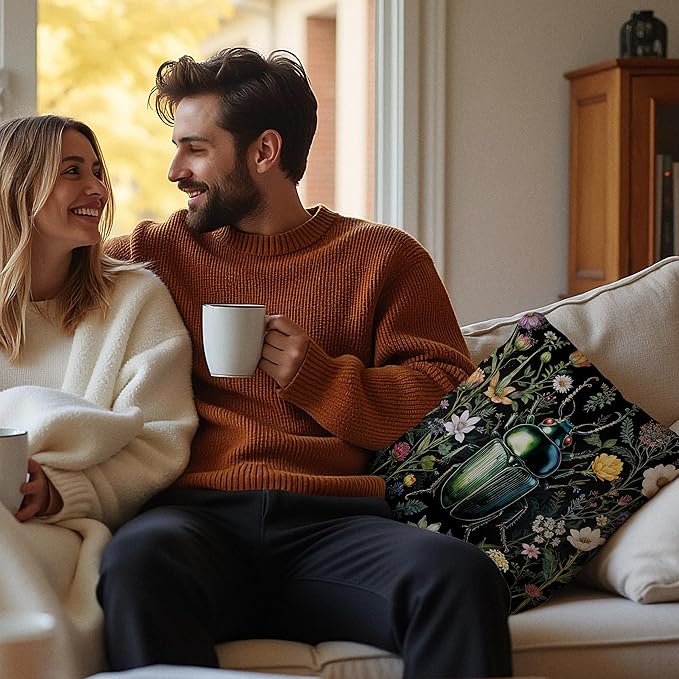 William Morris Inspired Butterfly and Beetle Pillow Covers 18x18 Set of 2, Dark Cottagecore Wildflower Botanical Insect Moth Decorative Throw Pillow Covers for Home Bedroom Living Room